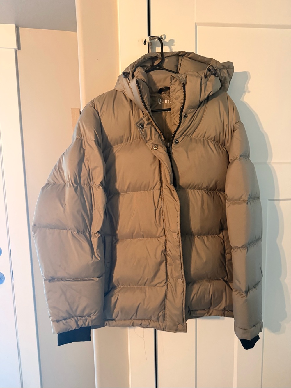 Quince Beige/Taupe Quilted Puffer Jacket with Hood